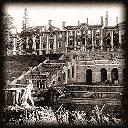 Peterhof. Destroyed Grand Palace and Samson. Photo from German magazine 